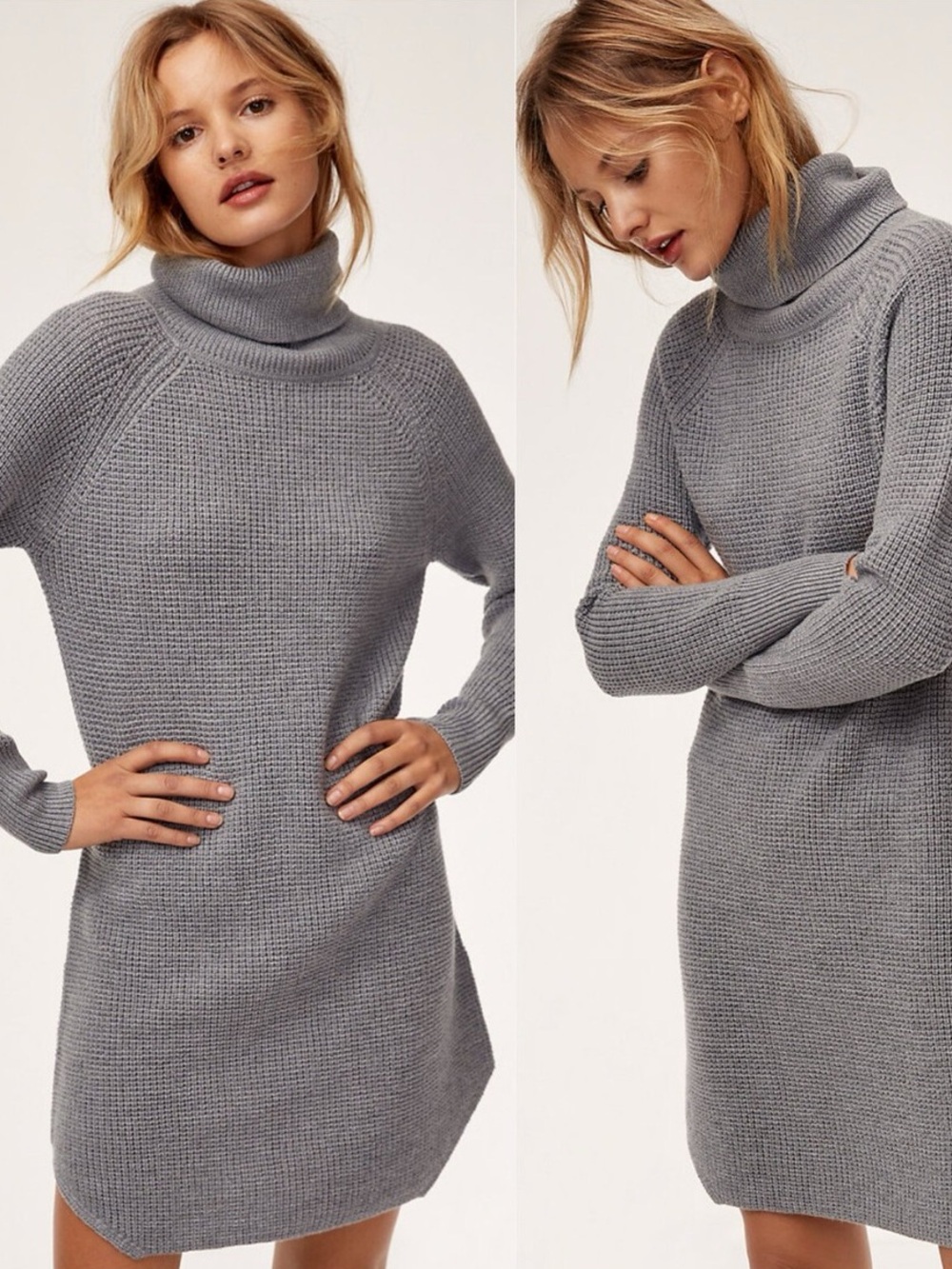 Aritzia Wilfred Free Bianca Waffle-Knit Turtleneck Sweater Dress Grey Small